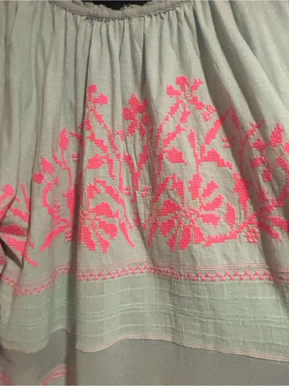 Free People Mint Peasant Blouse with Pink Embroidery